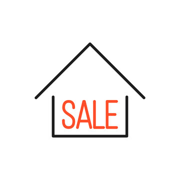 Real estate services, house for sale sign with text, rental property, apartment rent, vector line icon