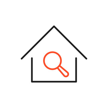 Selection of houses for rent icon. Search house icon with magnifier. Find home symbol.