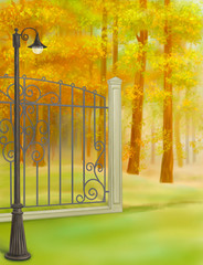 Landscape autumn park with trees, park fence and street lamp. Digital illustration