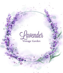 Lavender wreath Vector watercolor splash. Delicate floral bouquet frame. Spring summer banner templates - 277316620