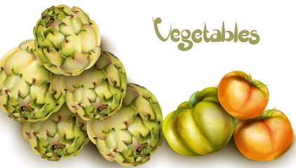 Artichokes and green tomatoes Vector watercolor. Grocery harvest fresh organic. poster sticker advertises