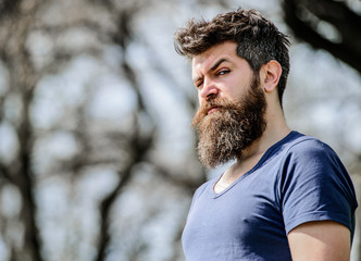 bearded man with lush hair. Free and happy time. male fashion and beauty. brutal male with perfect...