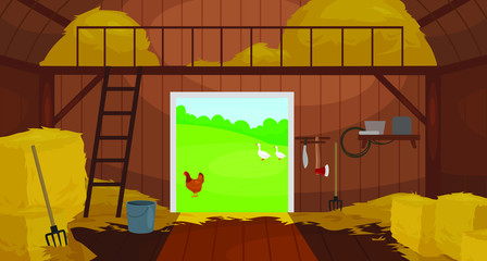 Vector illustration of  Inside Old wooden barn with haystacks. Tools for shed © galkinkirill