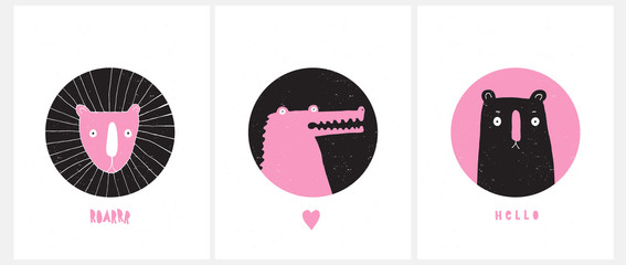 Hand Drawn Safari Vector Illustrations  Baby Girl. Simple Cute Prints with Lovely Pink Leo, Scary Pink Alligator and Funny Black Bear.Safari Art for Card, Wall Art, Poster, Party Decoration, Printing.