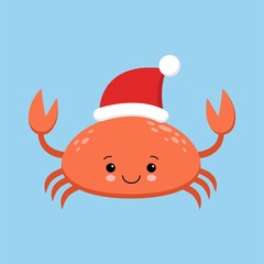 Crab cartoon character. A Cute crab wearing Santa Claus hat standing for Merry Christmas and Happy New Year invitation card.