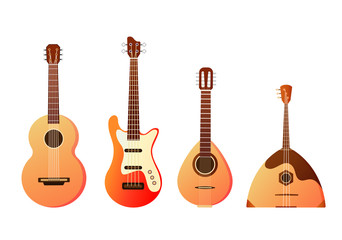 Naklejka premium Set of stringed musical instruments. Collection of balalaika, harp, double bass, violin, guitar. Design layout for banners presentations, flyers, posters and invitations. Vector illustration