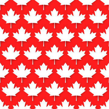 Canadian patriotic seamless pattern with national official colors. White maple leaves repeat in row on red background. Canada republic simple wallpaper design vector illustration.