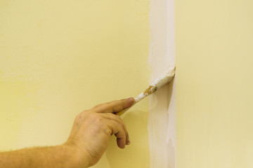 Person applying paint on wall
