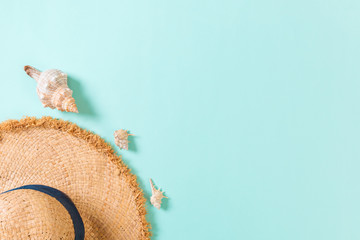 Obraz premium summer holiday beach background with accessories on blue table, top view with copy space. vacation concept