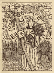Scythe. Mystic concept for Lenormand oracle tarot card. - obrazy, fototapety, plakaty