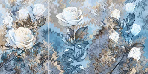 Sammlung von Designer-Ölgemälden. Dekoration für den Innenraum. Moderne abstrakte Kunst auf Leinwand. Reihe von Bildern mit unterschiedlichen Texturen und Farben. Weiße Rose. © Erenai