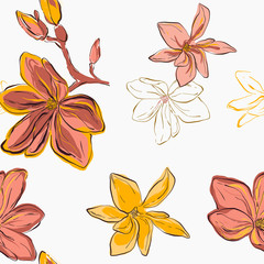 Seamless yellow magnolia flowers ang coral blossom. Vector floral pattern with leaves