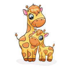 Giraffe baby with mom cute print. Sweet tiny family. Cool mother and child