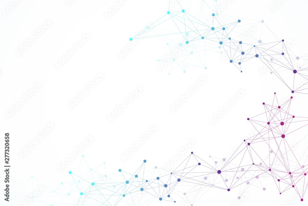 Poster Geometric abstract background with connected lines and dots. Wave flow. Molecule and communication background. Graphic background for your design. Vector illustration.