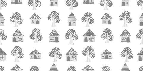 Tree and house background. Seamless pattern.Vector. 木々と家のパターン