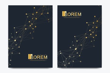Modern vector template for brochure, leaflet, flyer, cover, banner, catalog, magazine, or annual report in A4 size. Futuristic science and technology design. Geometric graphic background molecule