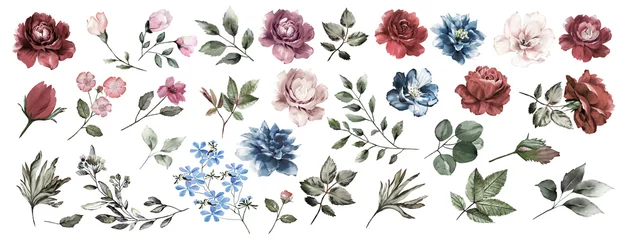 Blumenset. Blaue Blumen, rosa und burgunderfarbene Rosen, Zweige, Blätter. Für Kompositionen aus Rosen, Blumenrahmen mit Rosen, Aquarell-Einladungsdesign, Karten mit Blumen. Hochzeit. © Erenai