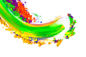 Abstract smear with finger made of multicolored pigment, isolated on white. Mixed bright eye shadow. 