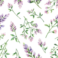 Photo sur Plexiglas Blanc Motif vectoriel aquarelle sans couture avec fleurs et feuilles de luzerne isolées sur fond blanc.