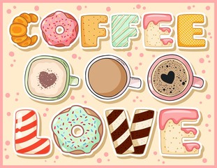 Coffee love cute funny postcard with cups of coffee. Cute cappuccino latte coffee mugs with tempting inscription flyer