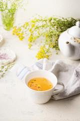 Cup of herbal tea on white table with teapot and fresh medical herbs and flowers. Boosting the immune and digestive system. Healthy natural remedies