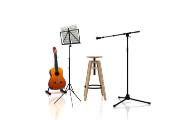 Empty essential set without person with only musical instruments (guitar), musical score, microphone and stool for audition, 3d illustration, 3d rendering