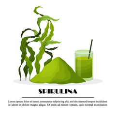 Spirulina poster with seaweeds powder smoothie algae isolated on white background, vector illustration. Healthy food. © Ekaterina Mikhailova