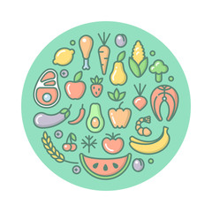 Round form set of different products icons