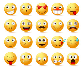 Smileys vector icon set. Smiley face or yellow emoticons with facial expressions and emotions like happy, inlove, confused and dizzy isolated in white background. Vector illustration.