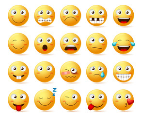 Smileys vector set. Smiley face or yellow emoticons with various facial expressions and emotions like happy, lonely, confused and hurt isolated in white background. Vector illustration.