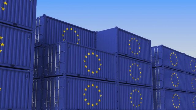 Container yard full of containers with flag of the European Union. The EU export or import related loopable 3D animation