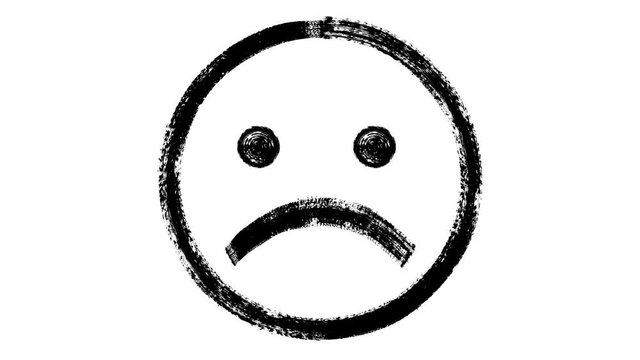 Brush paints a sad emoticon in black ink on a white background. CG animation.