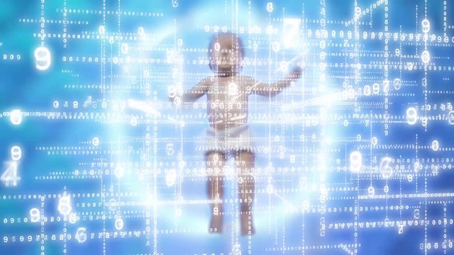 Data Baby.  Model of a baby surrounded by an array of data.