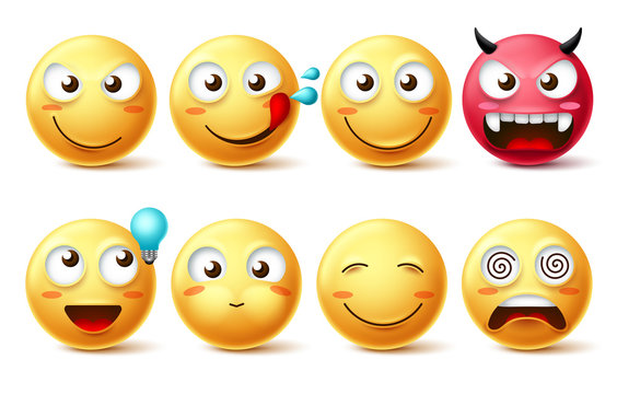 Smileys icon vector set. Smiley faces and emoticons happy, hungry, naughty, thinking, dizzy and evil facial expressions isolated in white background. Vector illustration.