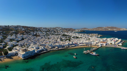 Aerial drone photo of picturesque and beautiful whitewashed old port in main town of Mykonos island, Cyclades, Greece