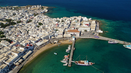 Aerial drone photo of picturesque and beautiful whitewashed old port in main town of Mykonos...