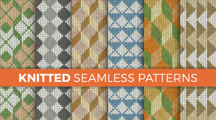 Fototapeta premium Knitted Patterns Set. Realistic samples backgrounds. Geometric ornaments, scandinavian sweaters cable stitch texture. Decorative design elements gift paper, packet, greeting cards. Vector illustration