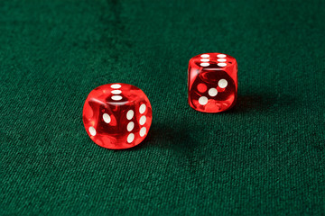 Two red acrylic transparent dice for games. Gambling translucent dice isolated in a white background, macro closeup high resolution.