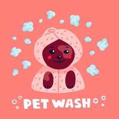 Pet grooming concept. Happy lap-dog in a towel and bathrobe in spa salon. Dog care, grooming, hygiene, health. Pet shop, accessories. Flat style vector illustration.
