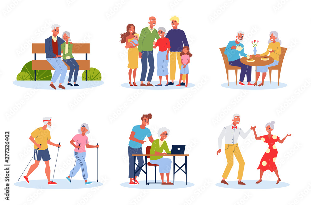 Wall mural old couple set. elderly people spend time together