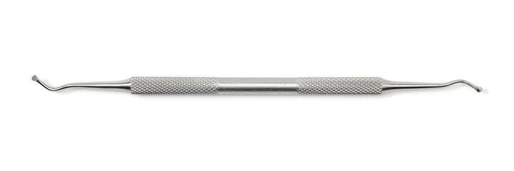 Dentist equipment: Diagnostic double-ended periodontal curette, stainless steel. Dental tool isolated on white background, macro closeup.