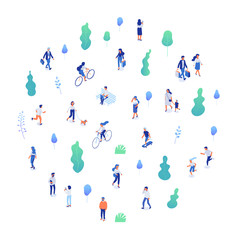  Male and female have outdoor activity in park. Different isomeric people vector set isolated on white.Walking with dog, riding bicycle and skateboard, sitting on bench in park.