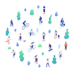  Male and female have outdoor activity in park. Different isomeric people vector set isolated on white.Walking with dog, riding bicycle and skateboard, sitting on bench in park.