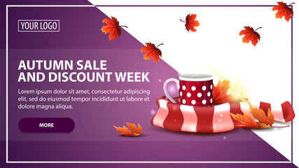 Autumn sale and discount week, discount web banner template for your website in a modern style with mug of hot tea and warm scarf