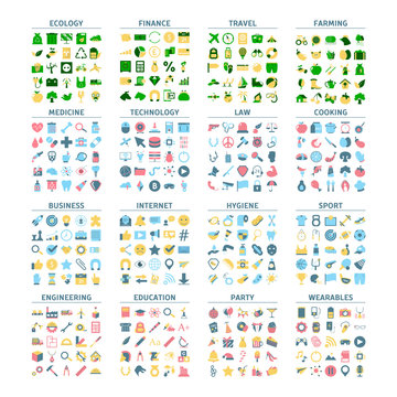 Big set of flat colorful icons. Collection of various symbol