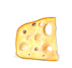 Hand drawn illustration. Slice of swiss cheese