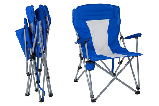 blue folding chair for camping or for fishing, two folding positions, concept, on a white background