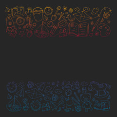 Kindergarten with toys. Pattern for children. Little preschool kids education. Drawing, learning, play