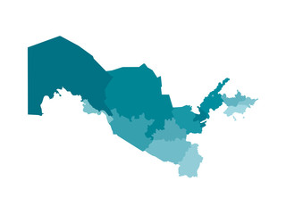 Vector isolated illustration of simplified administrative map of Uzbekistan. Borders of the regions. Colorful blue khaki silhouettes