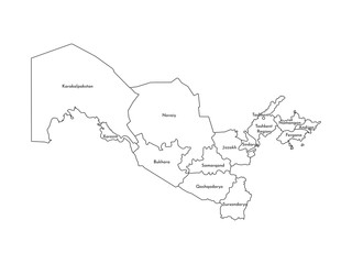 Vector isolated illustration of simplified administrative map of Uzbekistan. Borders and names of the regions. Black line silhouettes